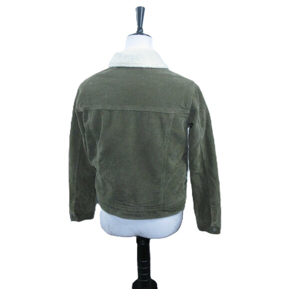 PacSun Army Green Corduroy Sherpa Lined Trucker Jacket Faux Fur Oversized Small - Picture 3 of 6